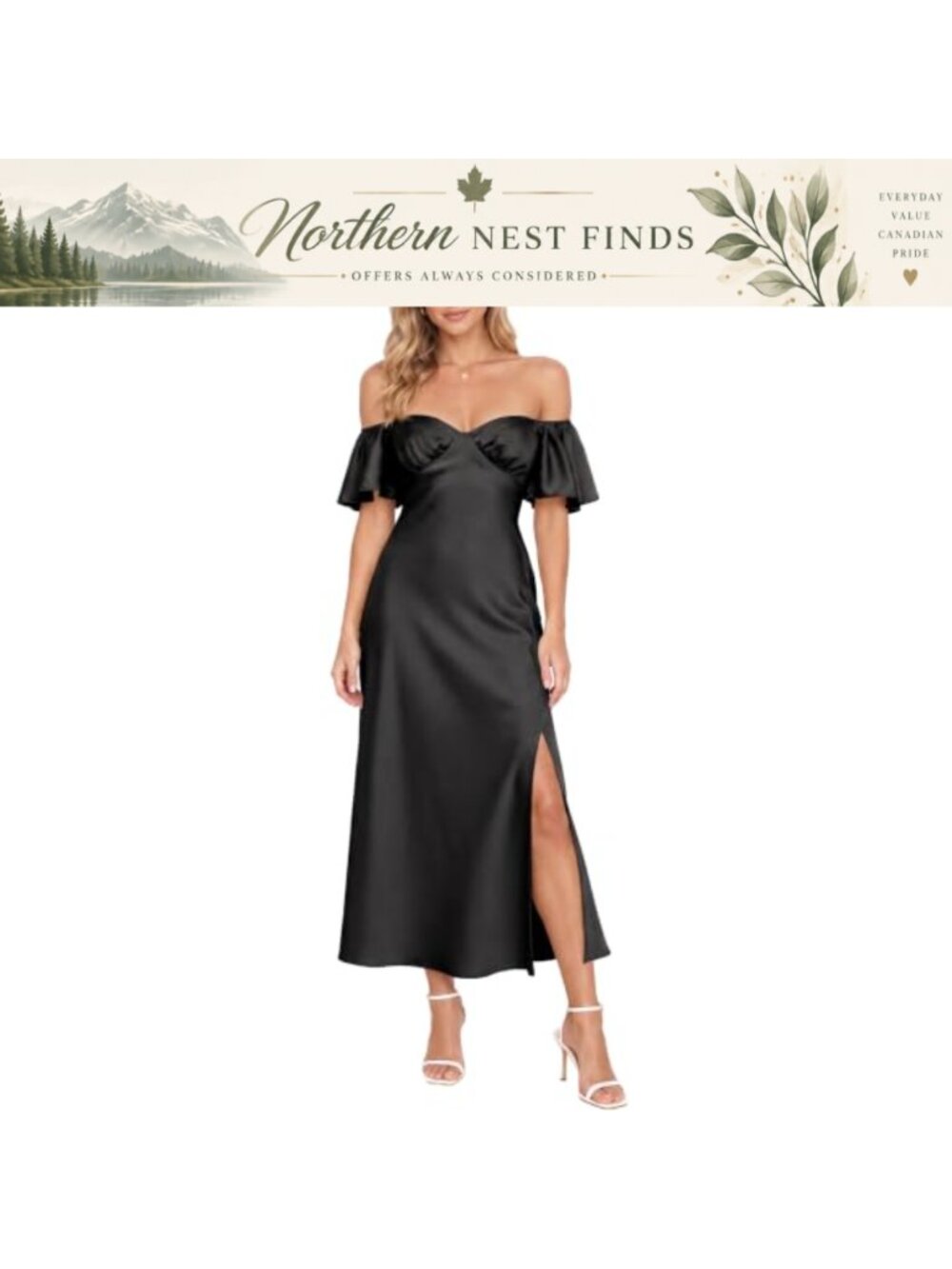 Satin Off Shoulder Midi Dress with Butterfly Sleeves and Side Slit for Wedding